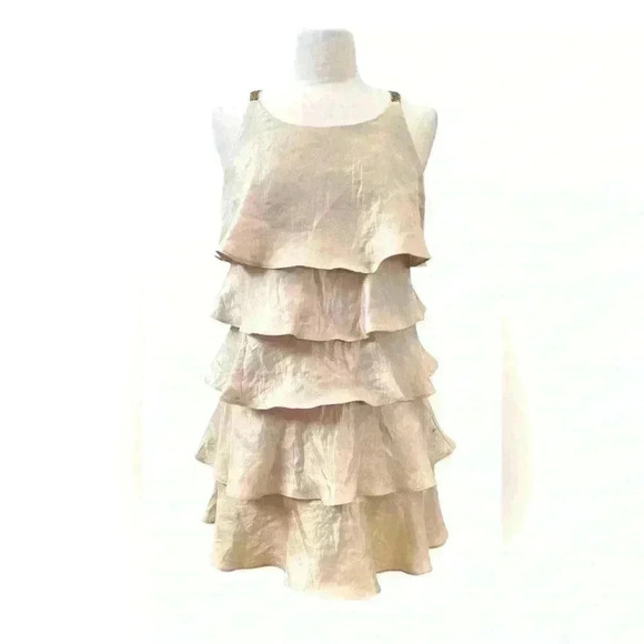 Signature Robbie bee 🐝 Tiered Dress Nude Flutter Sleeveless Beaded Straps - Picture 6 of 6